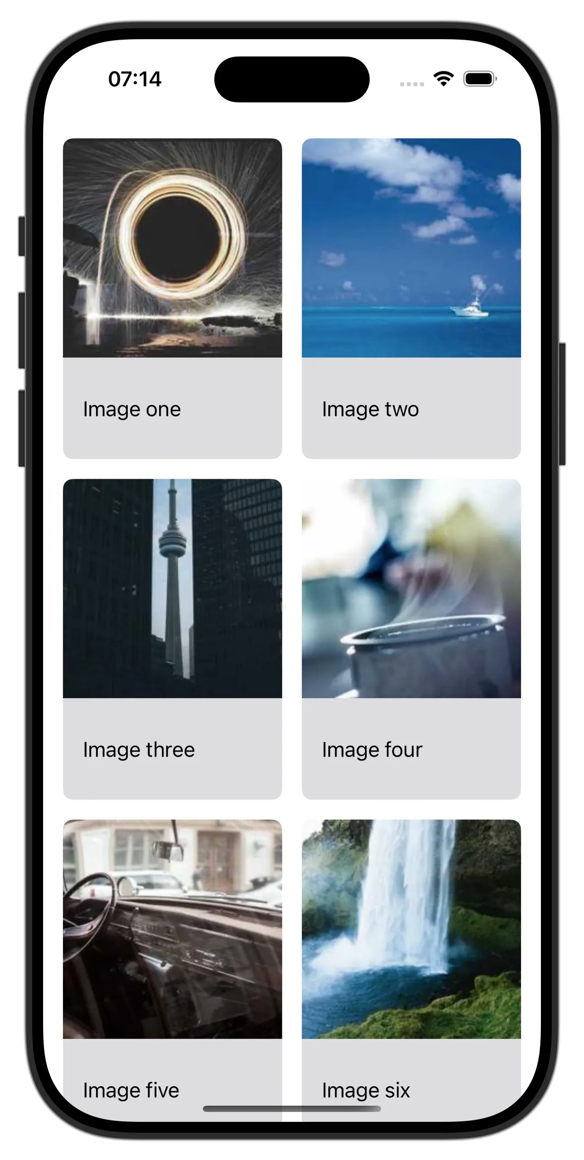 An image of an iPhone showing a list of image tiles with  2 in each row, each with a title underneath.  The final image showing the images with the correct 1:1 aspect ratio