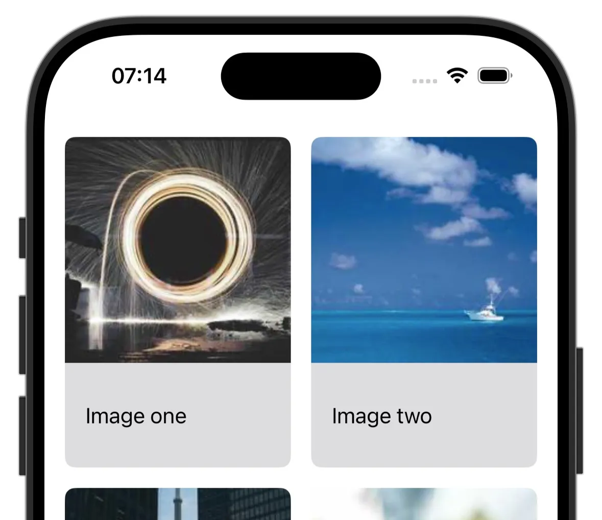 An image of an iPhone showing a list of image tiles with  2 in each row, each with a title underneath