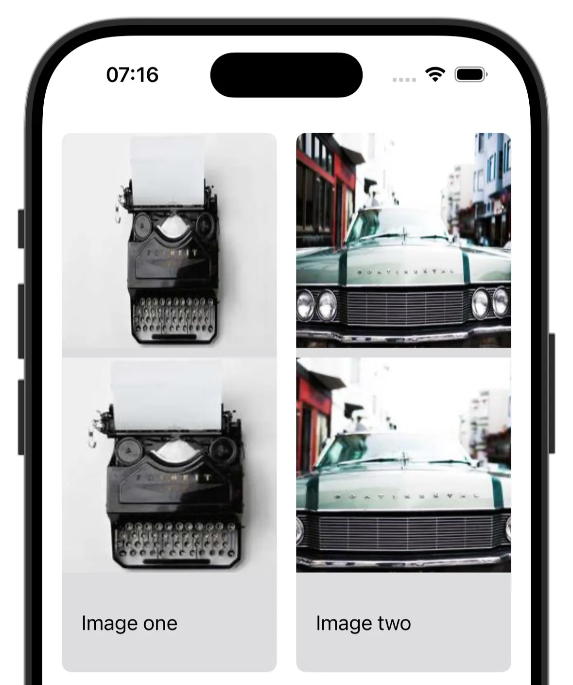 An image of an iPhone showing a list of image tiles with 2 in each row.  The top image showing the original squashed image, the image underneath showing the image with the corrected aspect ratio