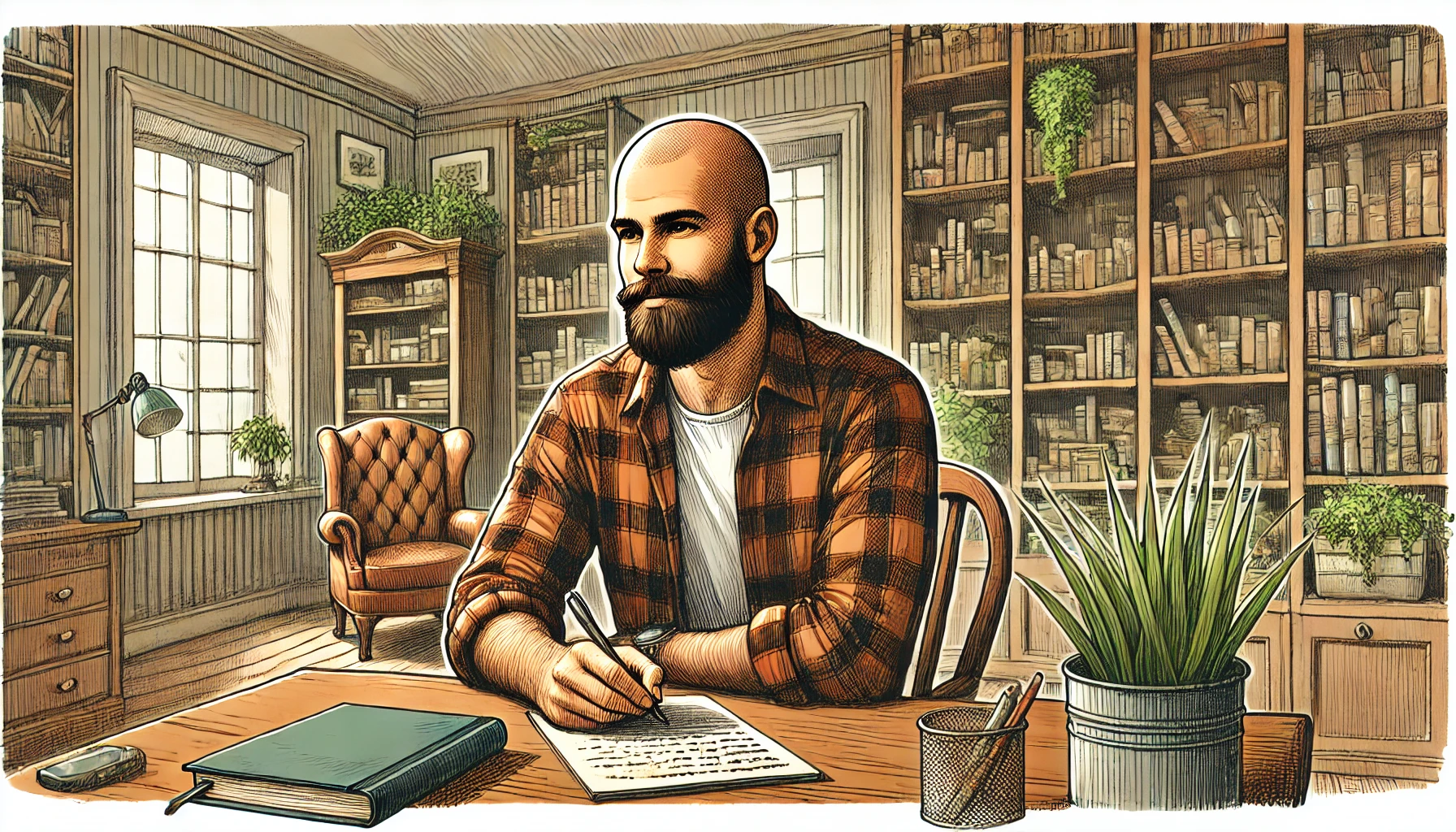 A bald-bearded man wearing a checked shirt is sat at a desk writing looking fairly content