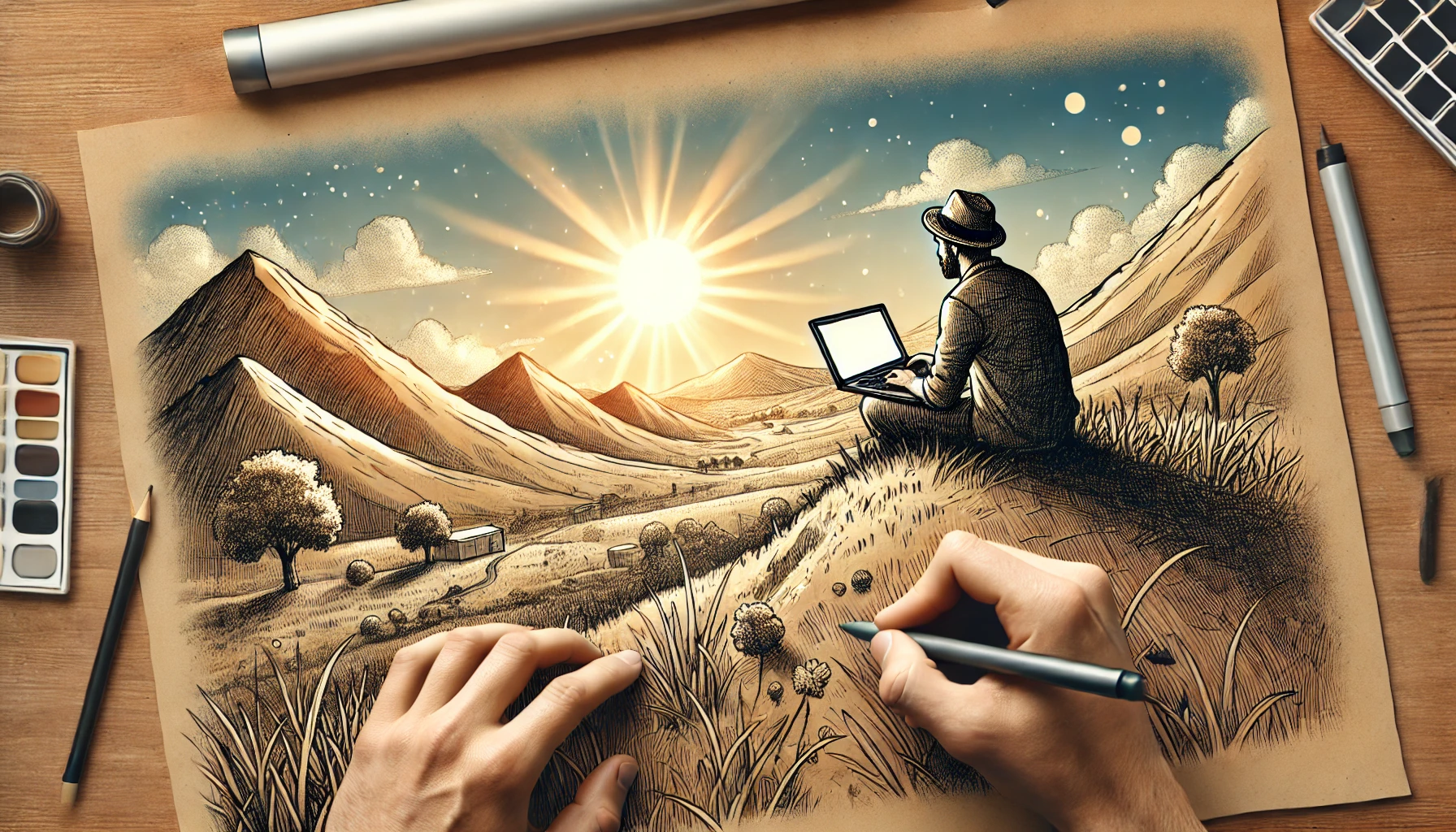 A drawing of a beared man sat on top of a small hill with his laptop, looking out into the sun set in a quest for knowledge