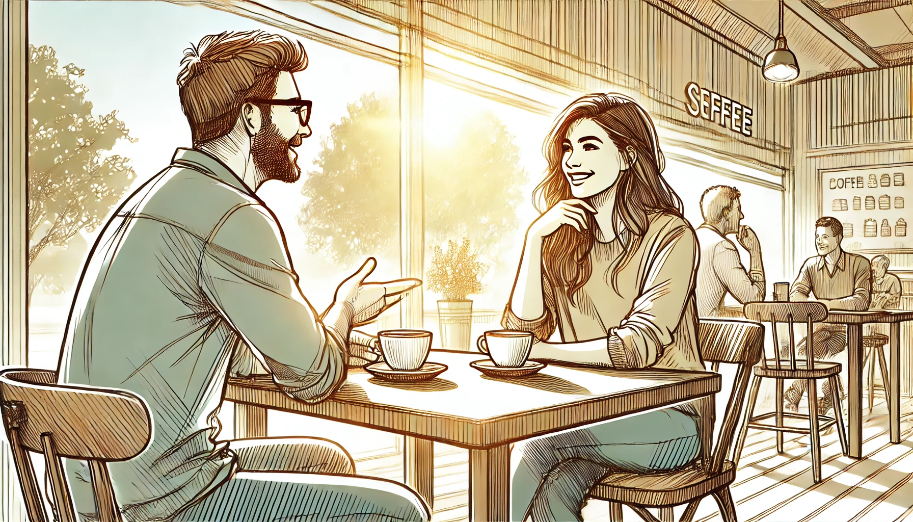 A man and a woman sat in a coffee shop, having what looked to be an enjoyable conversation over a cup of coffee