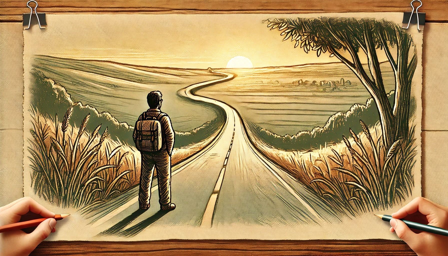 A drawing of a man stood at the top of a long winding road, representing journey and travelling into lifes future