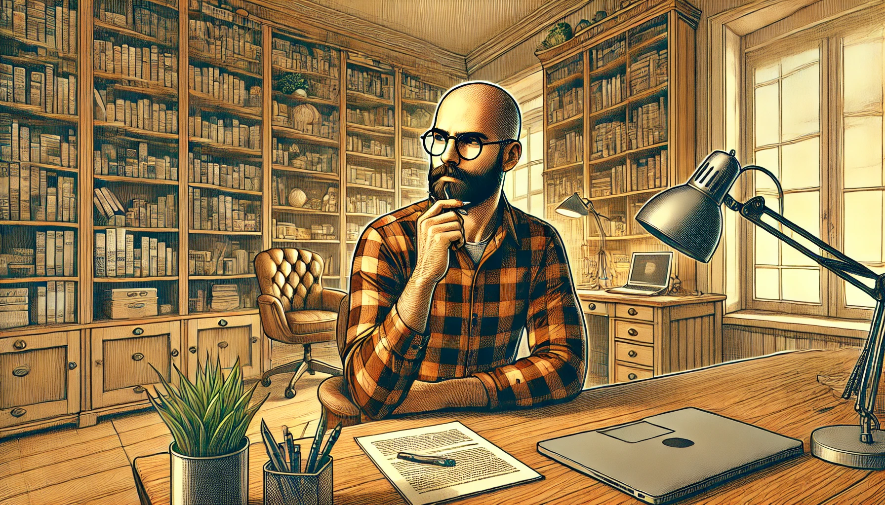 A bald-bearded man wearing a checked shirt and glasses is sat thinking at a desk