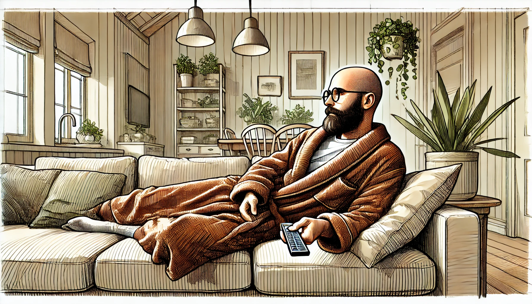 An image of a bald headed man with a beard and glasses, lay on the sofa, in his dressing gown lacking enthusiasm for doing anything after a hard days work