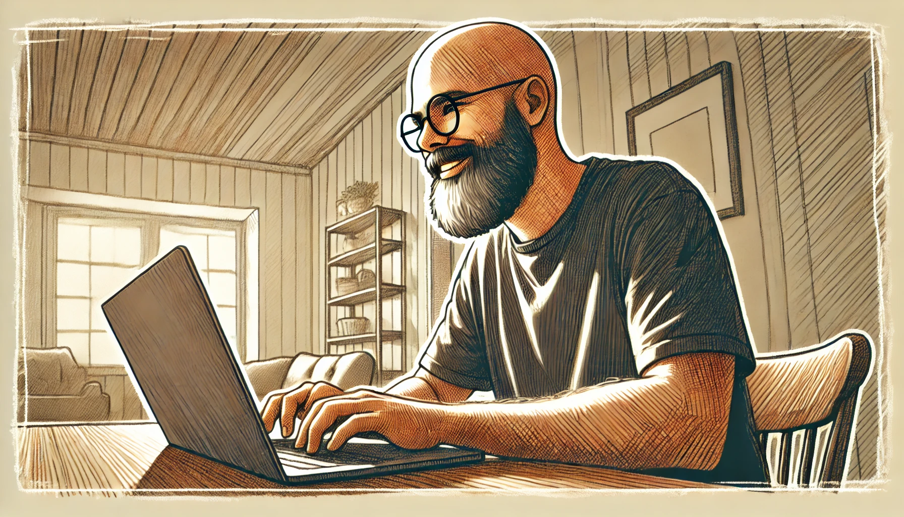 An image of a bald headed man with a beard and glasses, happily working away on his laptop computer