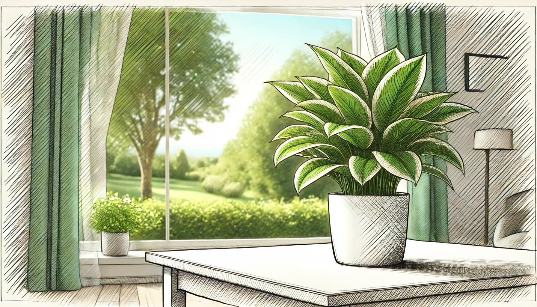 An image of a green plant on a white table, with the on looker peering out of the window, overlooking a green park, representing personal growth